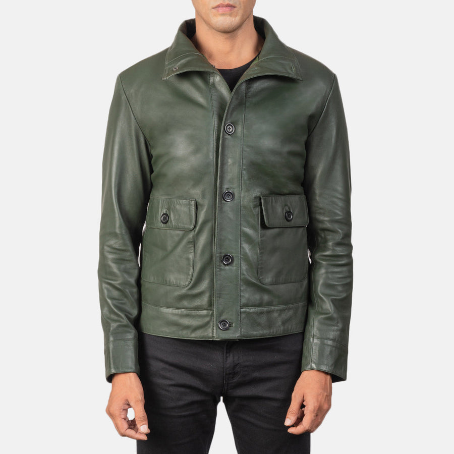 Men’s Sheepskin Leather Rider Jacket with High-Neck Buttoned Collar