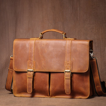 Crazy Horse Leather Laptop Messenger Bag – Vintage Business Briefcase with Shoulder Strap