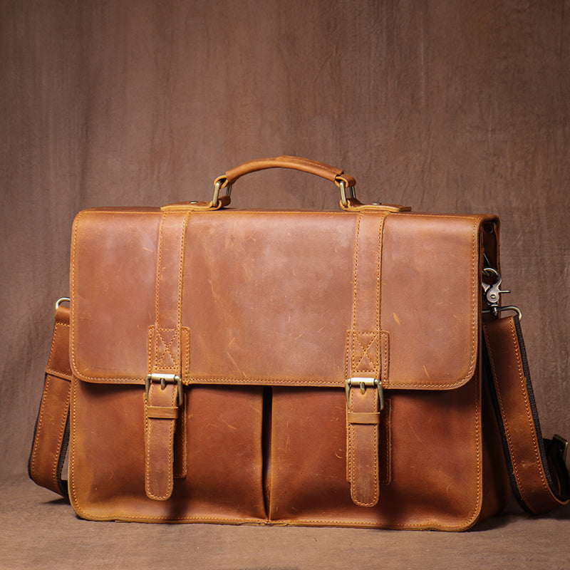 Crazy Horse Leather Laptop Messenger Bag – Vintage Business Briefcase with Shoulder Strap