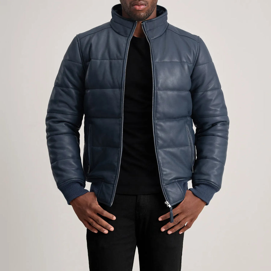 Men’s High-Neck Sheepskin Puffer Leather Jacket – Semi-Aniline Finish