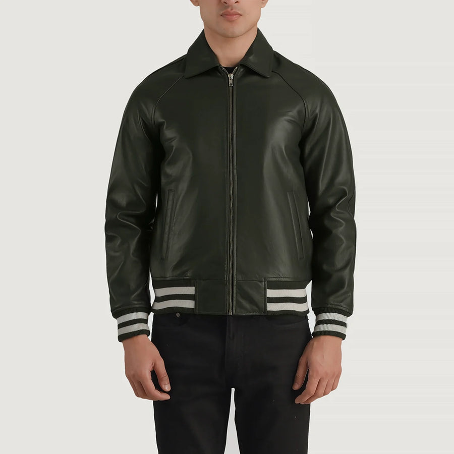 Men’s Semi-Aniline Sheepskin Leather Jacket with Rib Knit Cuffs & Hem