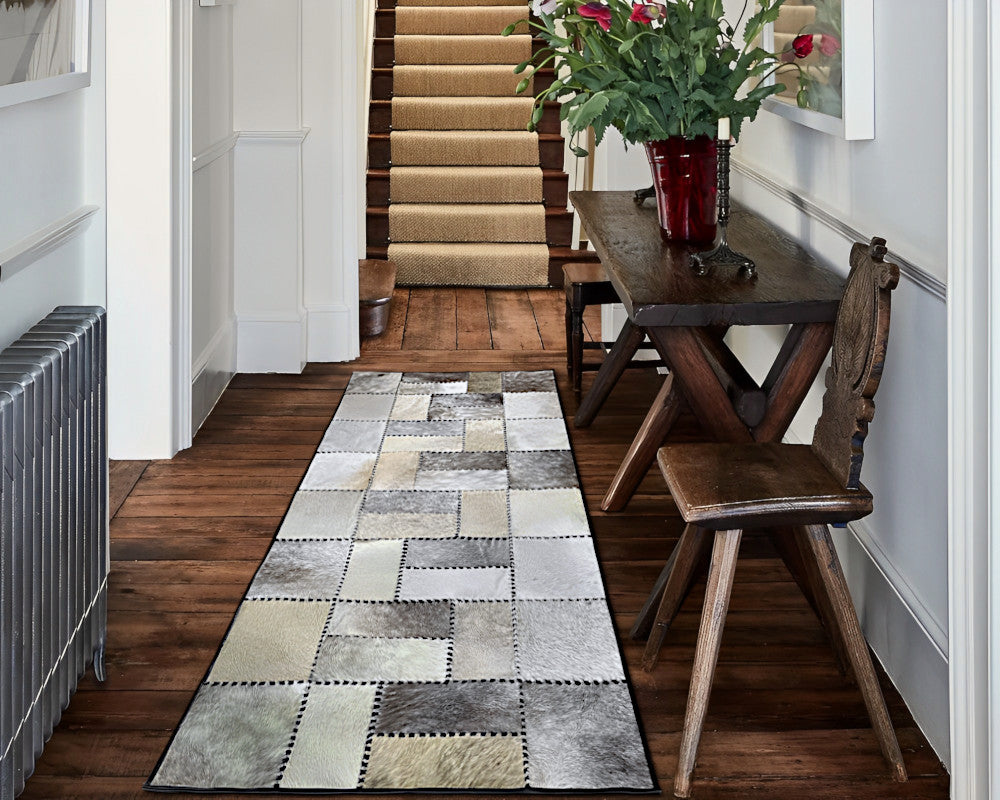 Ivory & Silver Grey Cowhide Runner – Hand-Laced Geometric Leather Patchwork Rug