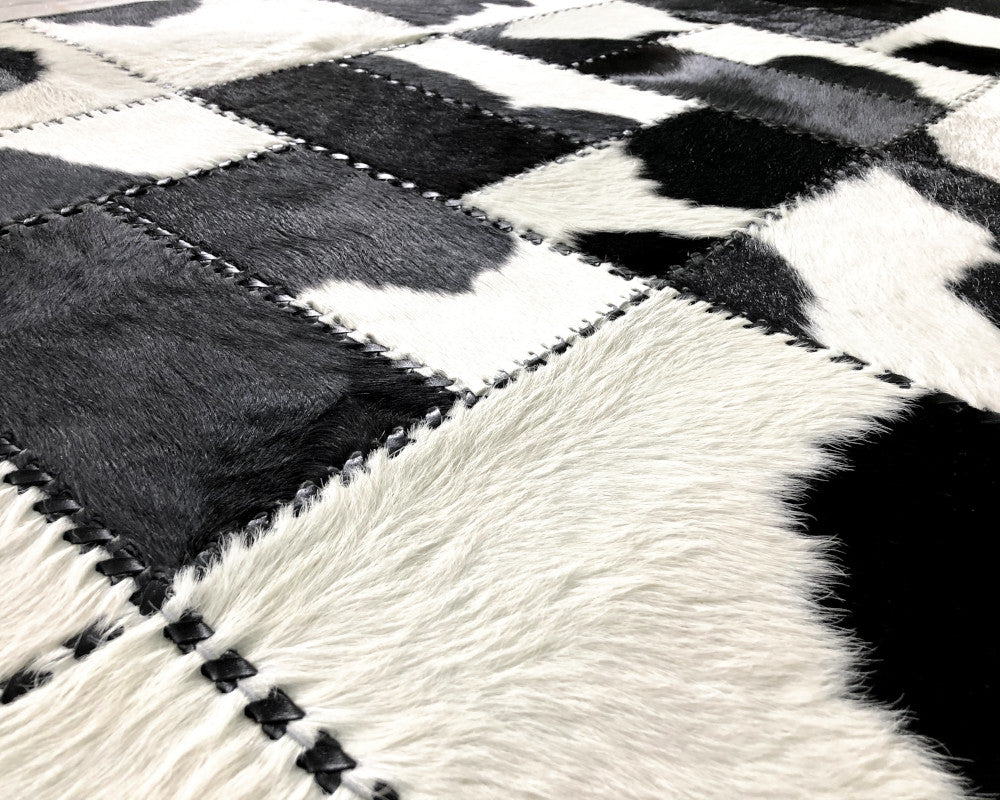 Black & White Cowhide Patchwork Rug – Hand-Laced Holstein Geometric Area Rug