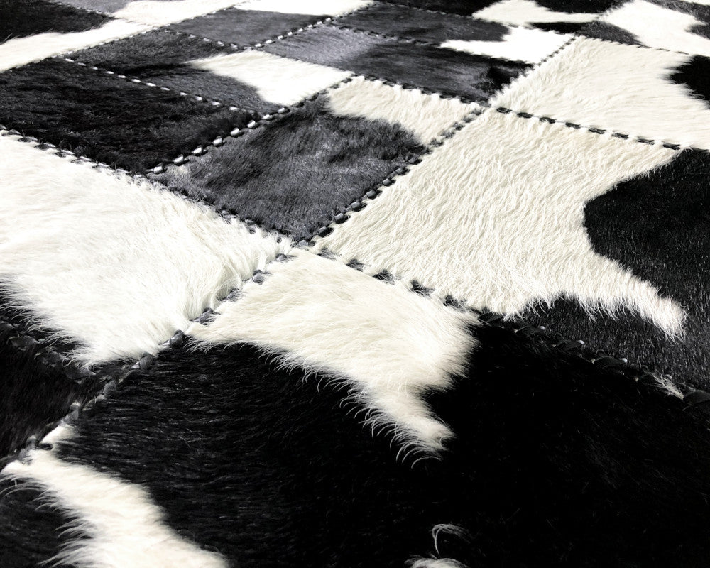 Black & White Cowhide Patchwork Rug – Hand-Laced Holstein Geometric Area Rug