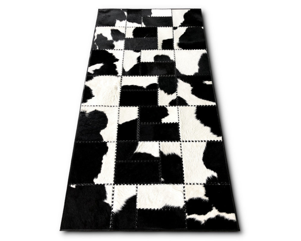 Black & White Cowhide Patchwork Rug – Hand-Laced Holstein Geometric Area Rug