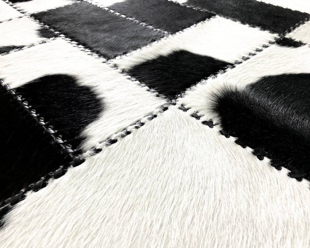 Black & White Cowhide Patchwork Rug – Hand-Laced Holstein Geometric Area Rug