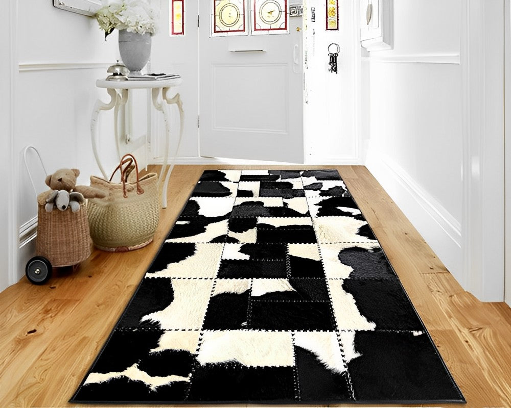 Black & White Cowhide Patchwork Rug – Hand-Laced Holstein Geometric Area Rug