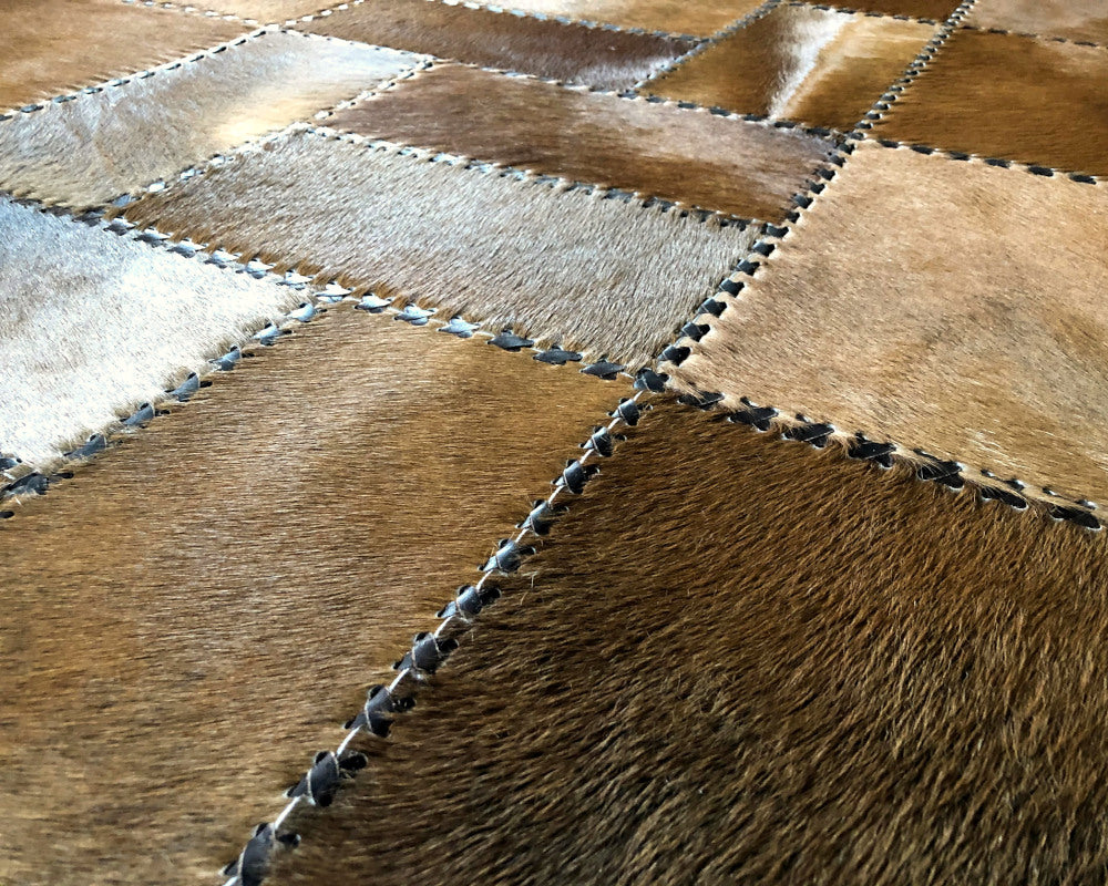 Heritage Brown Cowhide Rug – Hand-Laced Geometric Patchwork Area Rug