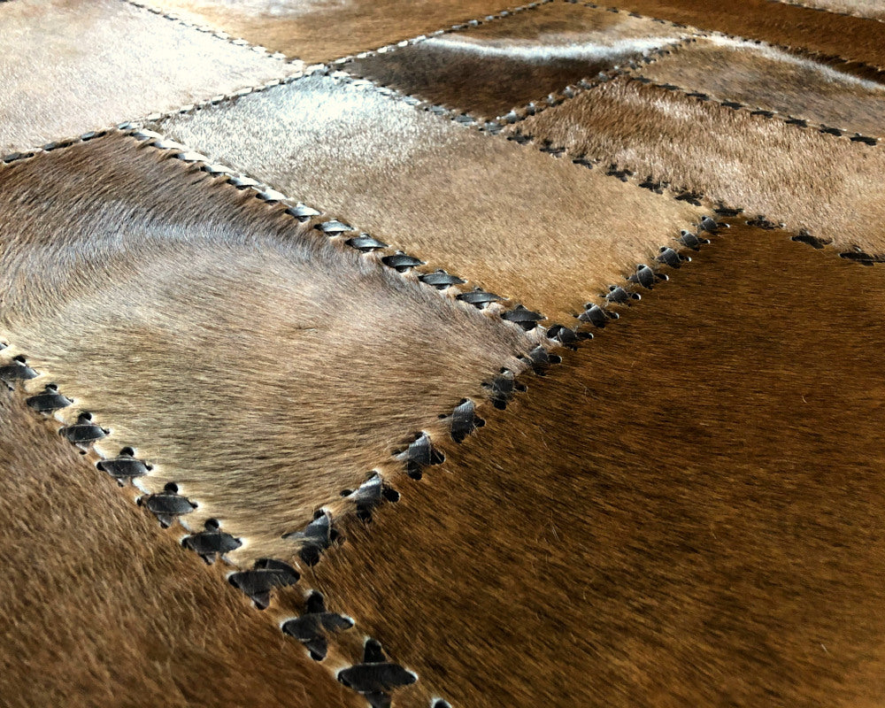 Heritage Brown Cowhide Rug – Hand-Laced Geometric Patchwork Area Rug