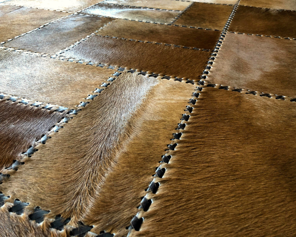 Heritage Brown Cowhide Rug – Hand-Laced Geometric Patchwork Area Rug