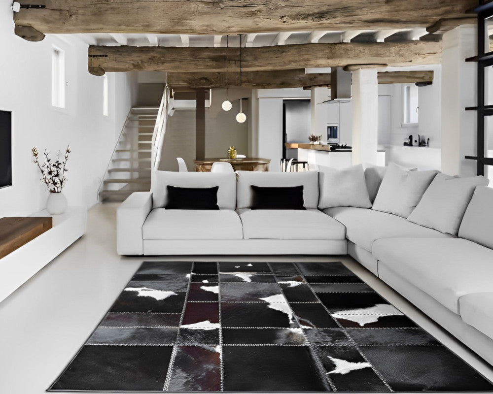 Onyx Black Cowhide Rug – Hand-Laced Spotted Patchwork Area Rug
