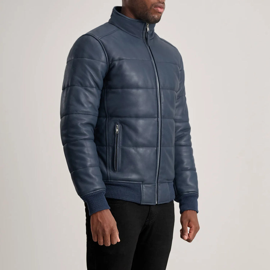 Men’s High-Neck Sheepskin Puffer Leather Jacket – Semi-Aniline Finish