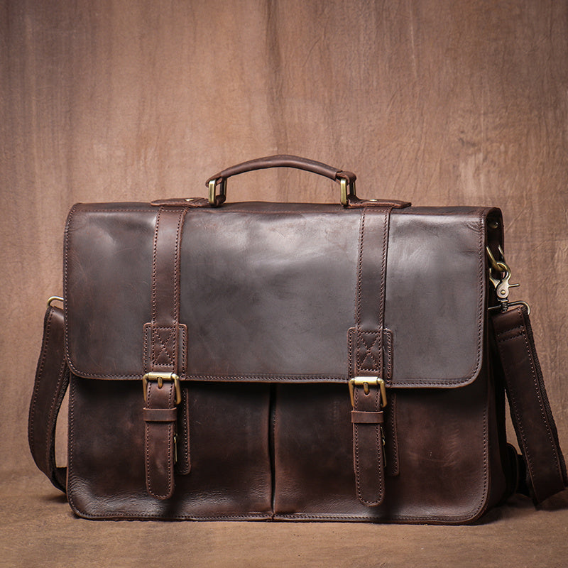 Crazy Horse Leather Laptop Messenger Bag – Vintage Business Briefcase with Shoulder Strap