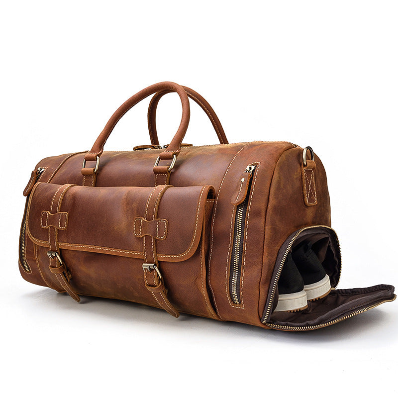 Genuine Crazy Horse Leather Duffle Bag with Shoe Compartment | Weekender Travel Bag