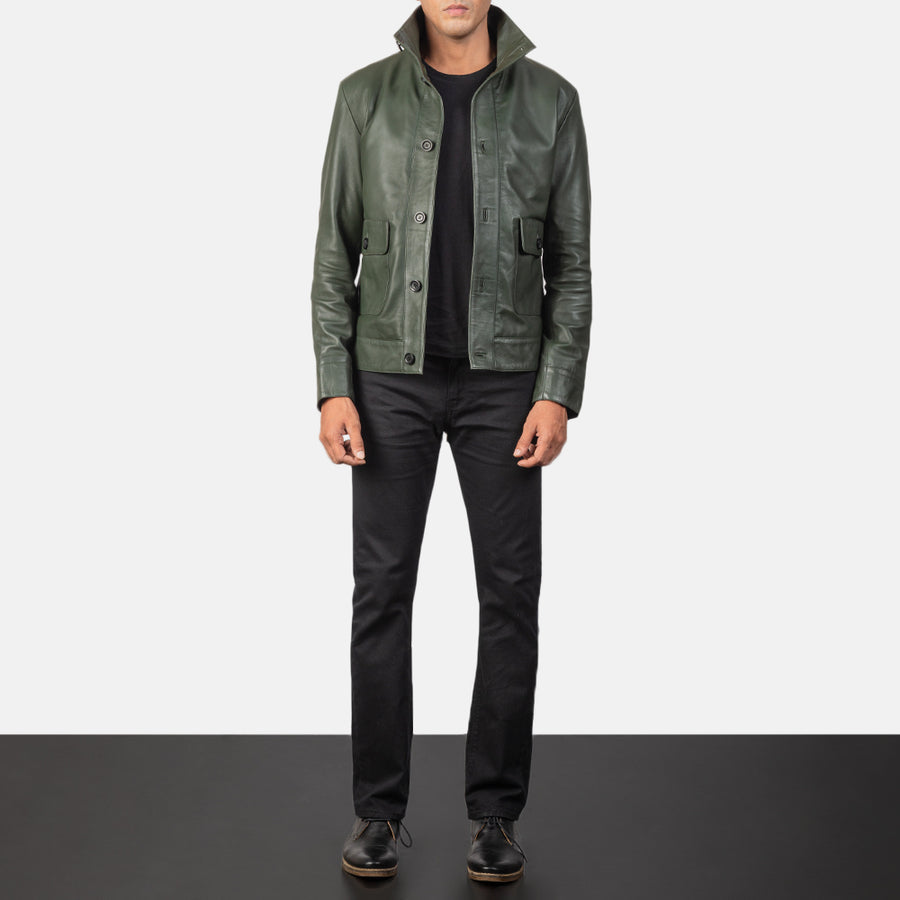 Men’s Sheepskin Leather Rider Jacket with High-Neck Buttoned Collar