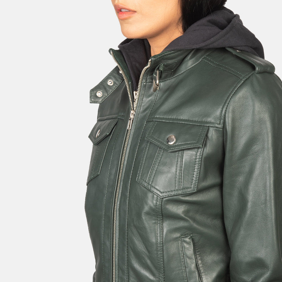 Genuine Sheepskin Leather Hooded Bomber Jacket For Women