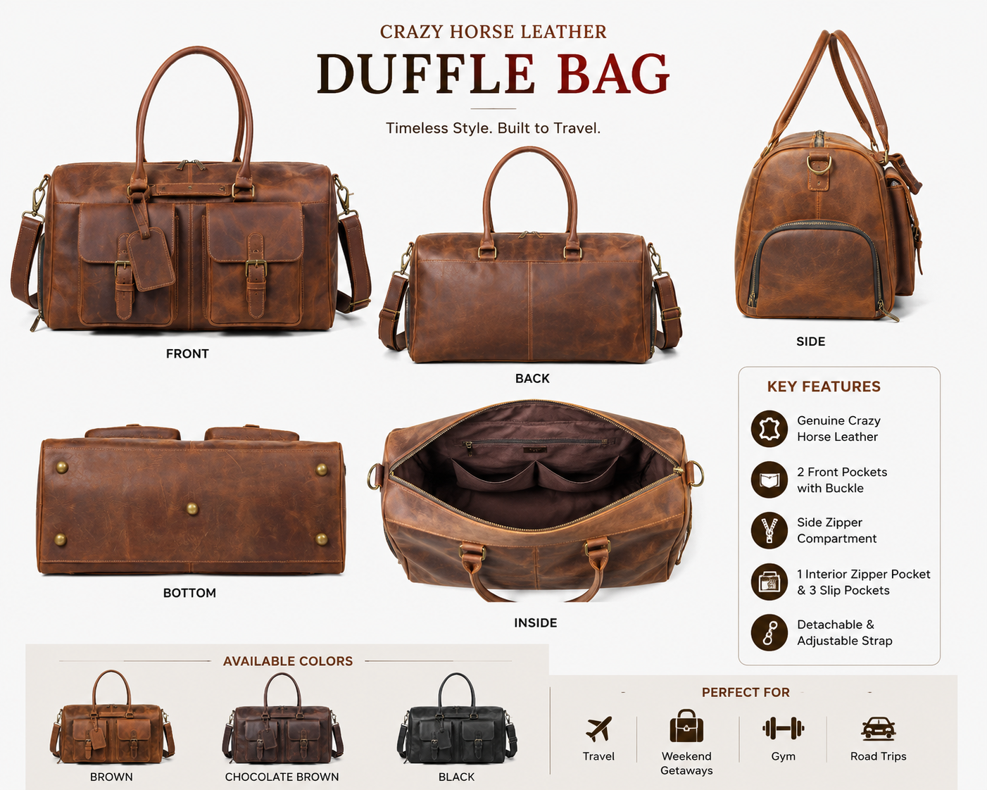 Genuine Crazy Horse Leather Duffle Bag with Shoe Compartment | Vintage Weekender Travel Bag
