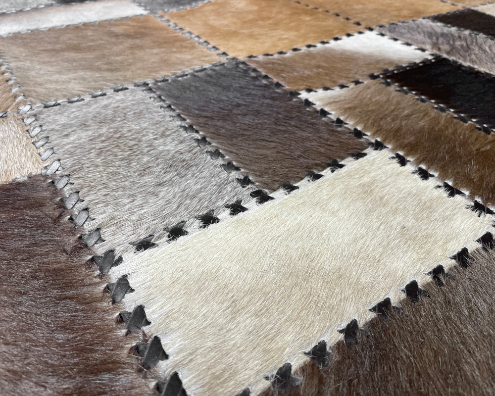 Multicolor Mosaic Cowhide Rug – Hand-Laced Geometric Patchwork Area Rug