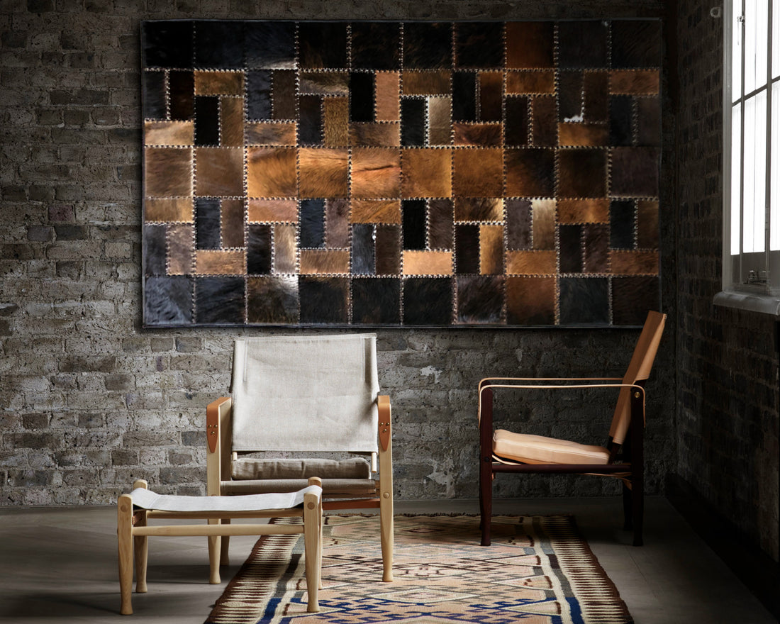 Espresso &amp; Tan Cowhide Rug – Hand-Laced Geometric Patchwork Area Rug