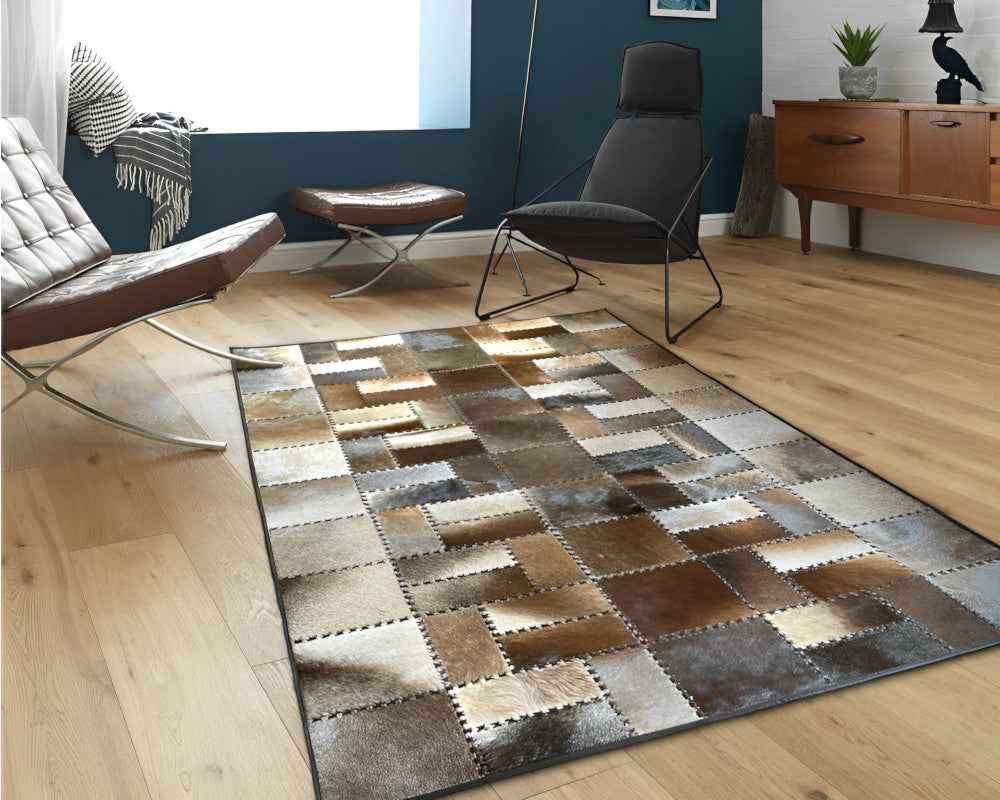 Woven Mosaic Cowhide Rug – Hand-Laced Taupe & Ivory Patchwork Area Rug