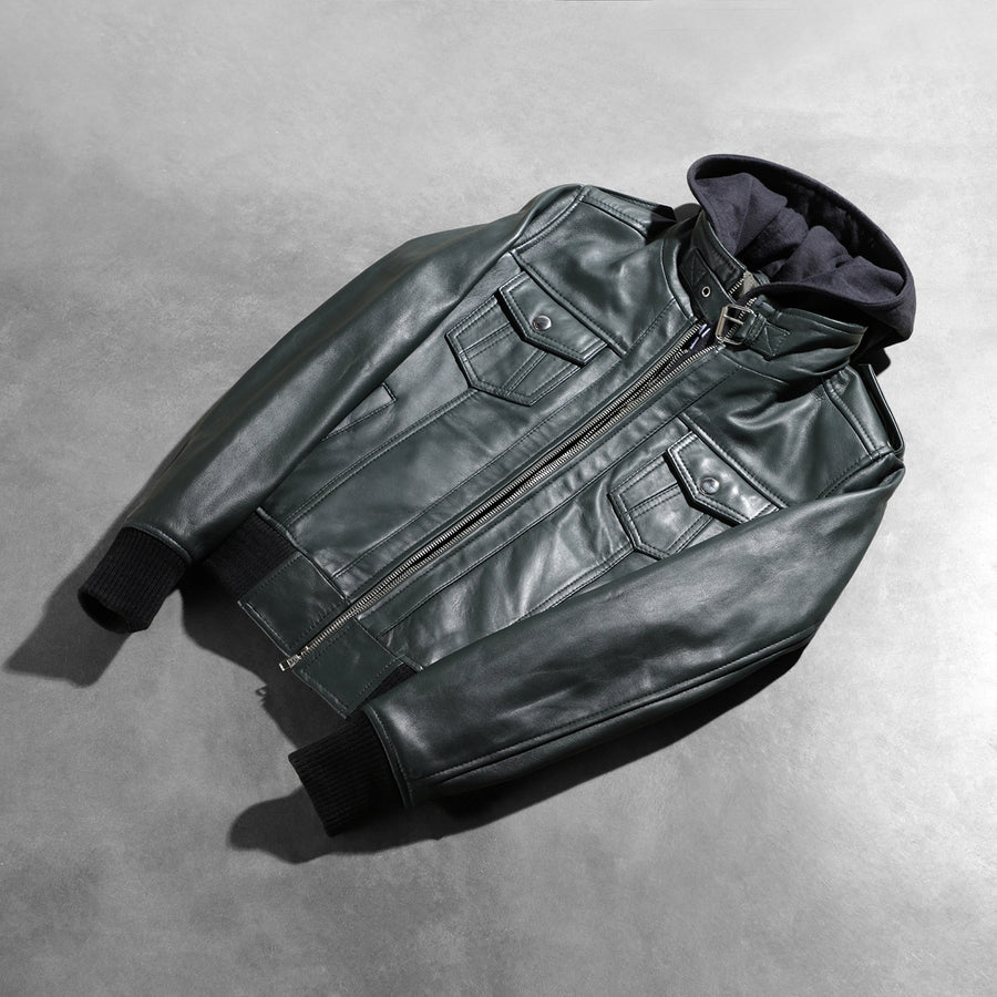 Genuine Sheepskin Leather Hooded Bomber Jacket For Women