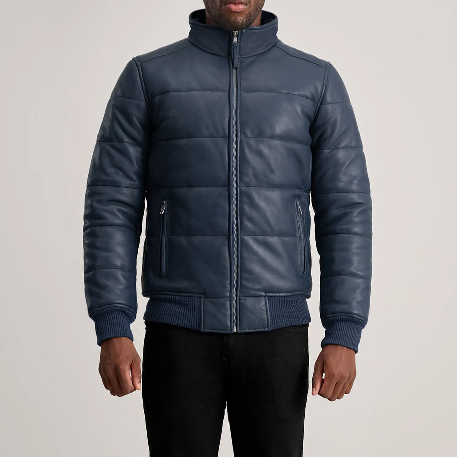 Men’s High-Neck Sheepskin Puffer Leather Jacket – Semi-Aniline Finish