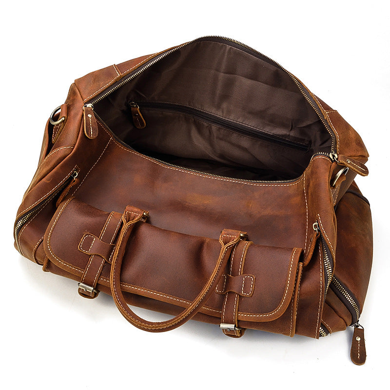 Genuine Crazy Horse Leather Duffle Bag with Shoe Compartment | Weekender Travel Bag