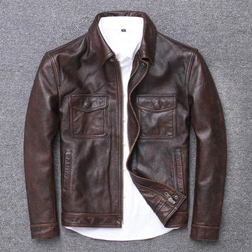 Men's Luxury Leather Jacket - Genuine Full Grain Cowhide, Biker Style, Soft and Rugged, Zip Closure