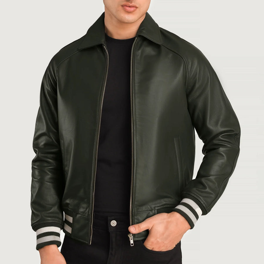 Men’s Semi-Aniline Sheepskin Leather Jacket with Rib Knit Cuffs & Hem