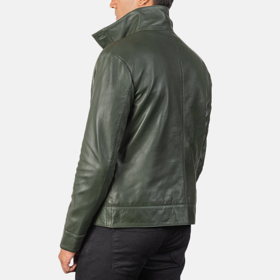 Men’s Sheepskin Leather Rider Jacket with High-Neck Buttoned Collar