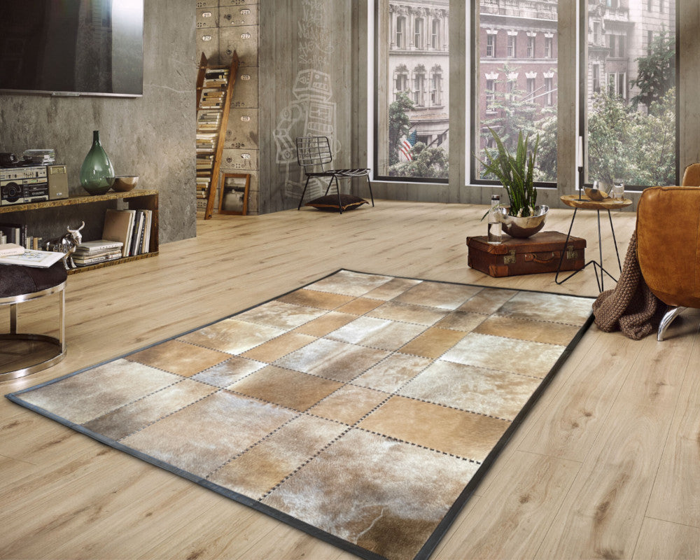 Champagne Beige Cowhide Rug – Hand-Laced Neutral Patchwork Area Rug