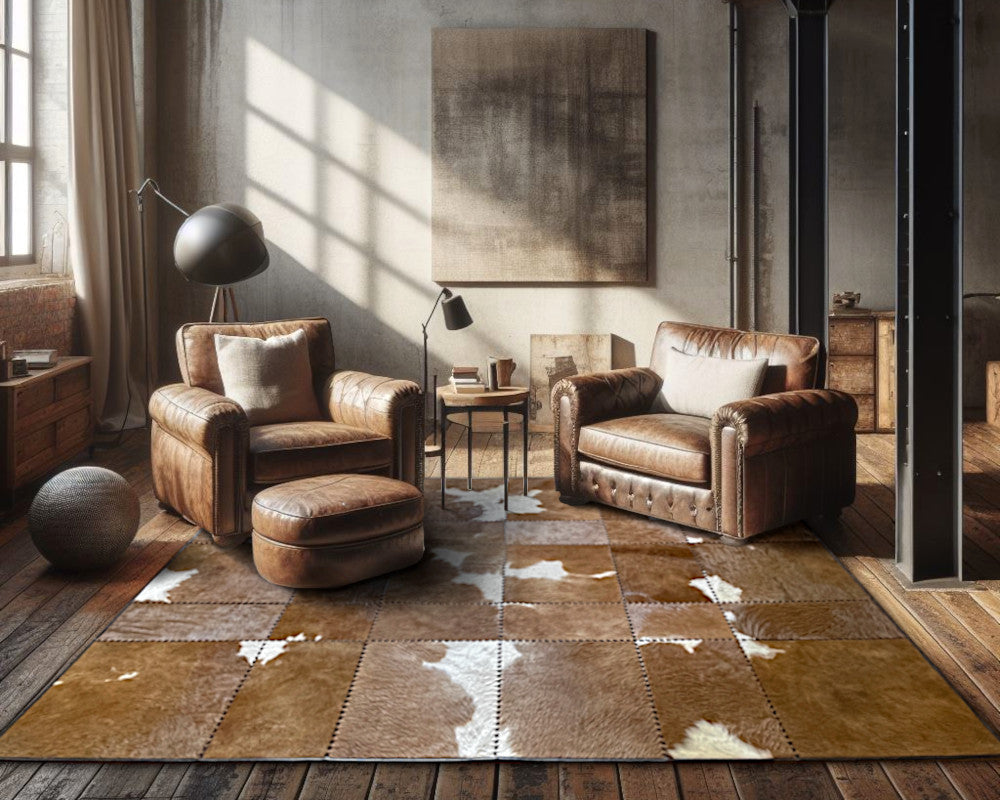 Caramel Brow White Cowhide Rug – Hand-Laced Patchwork Area Rug
