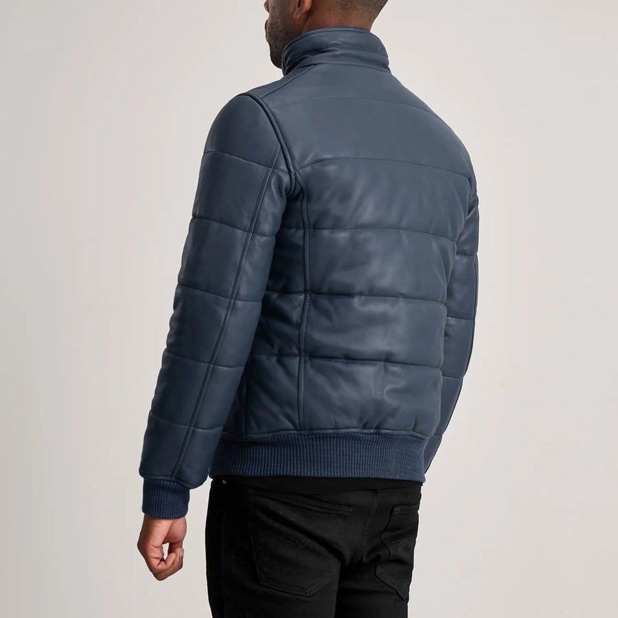 Men’s High-Neck Sheepskin Puffer Leather Jacket – Semi-Aniline Finish