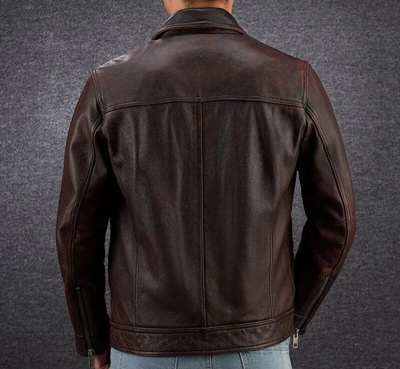 Men's Luxury Leather Jacket - Genuine Full Grain Cowhide, Biker Style, Soft and Rugged, Zip Closure