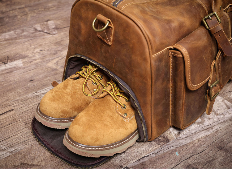 Genuine Crazy Horse Leather Duffle Bag with Shoe Compartment | Vintage Weekender Travel Bag