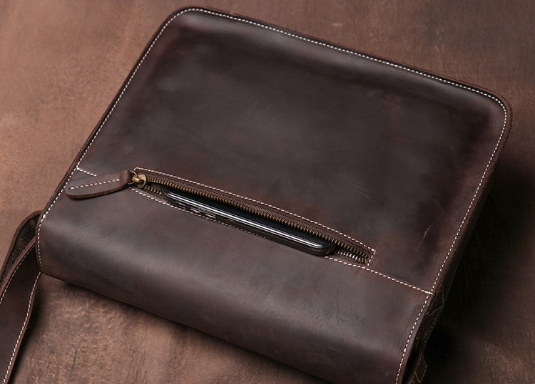 Crazy Horse Leather Laptop Messenger Bag – Vintage Crossbody Business & Office Bag