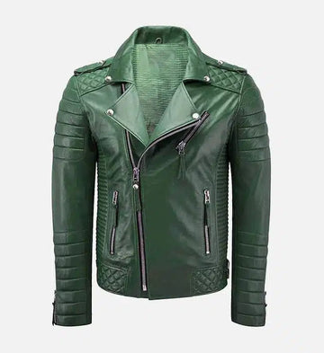 Men’s Sheepskin Green Moto Biker Slim Fit Leather Jacket