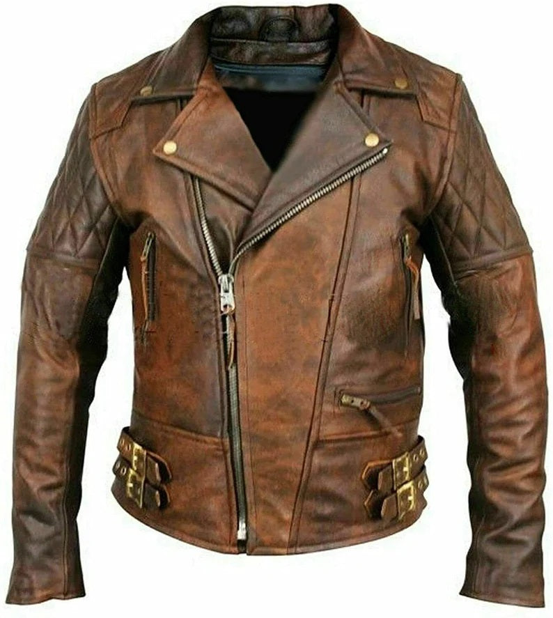 Vintage Style Men's Brown Leather Jacket - Handcrafted Distressed Leather Biker Jacket