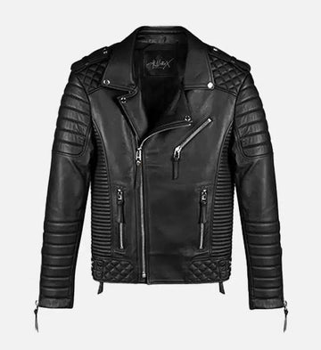 Men’s Sheepskin Leather Biker Jacket – Black with Quilted Padded Patterns