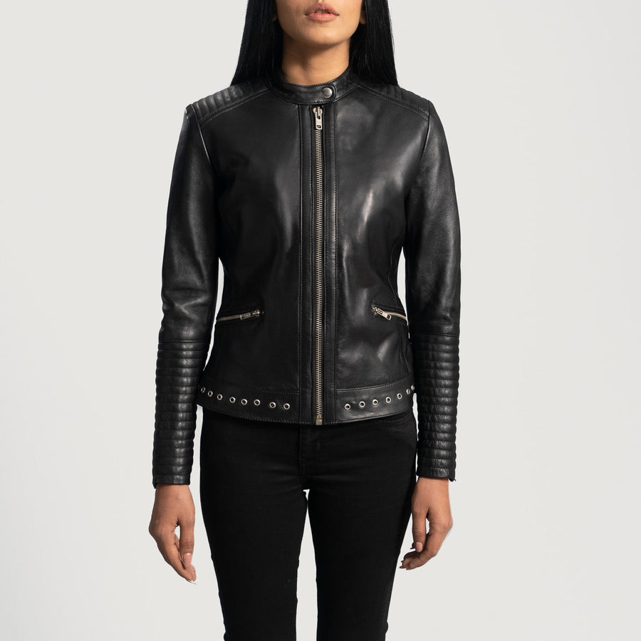 Women’s Black Sheepskin Leather Biker Jacket with Band Collar