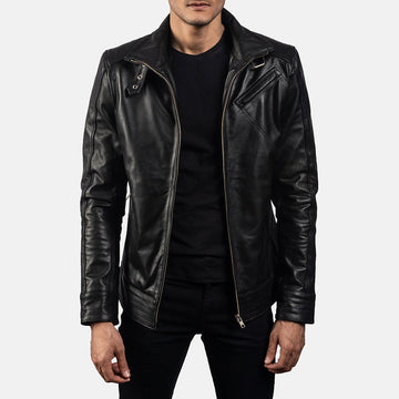Black High-Neck Cowhide Leather Jacket