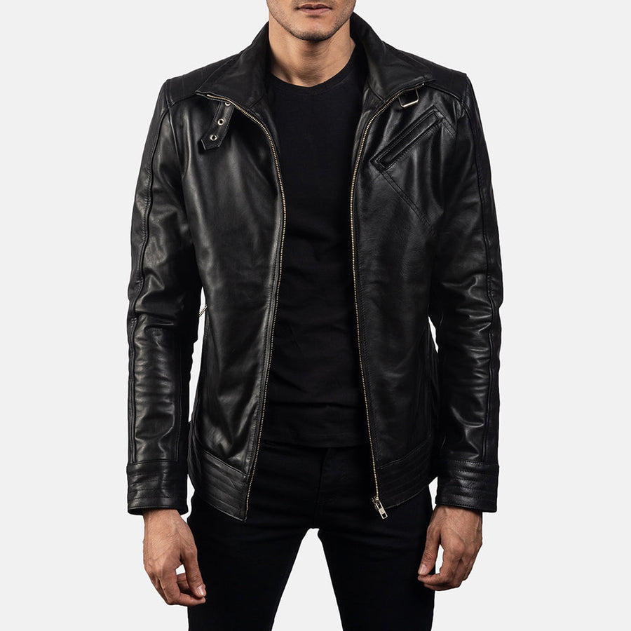 Black High-Neck Genuine Cowhide Leather Jacket For Men