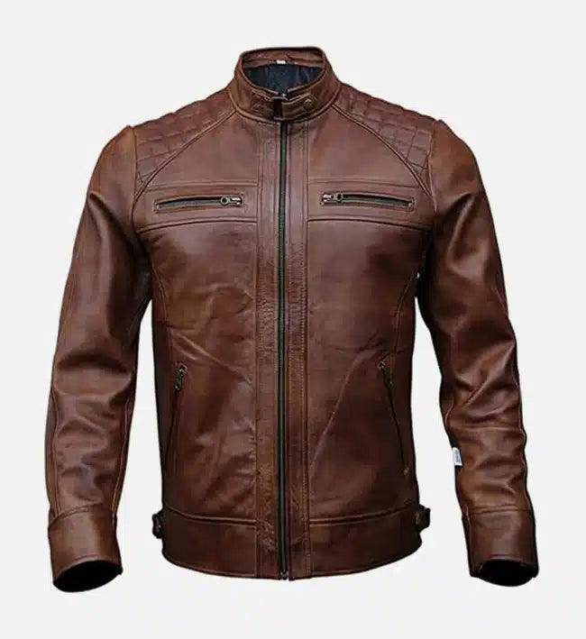 Men’s Genuine Sheepskin Brown Moto Biker Leather Jacket