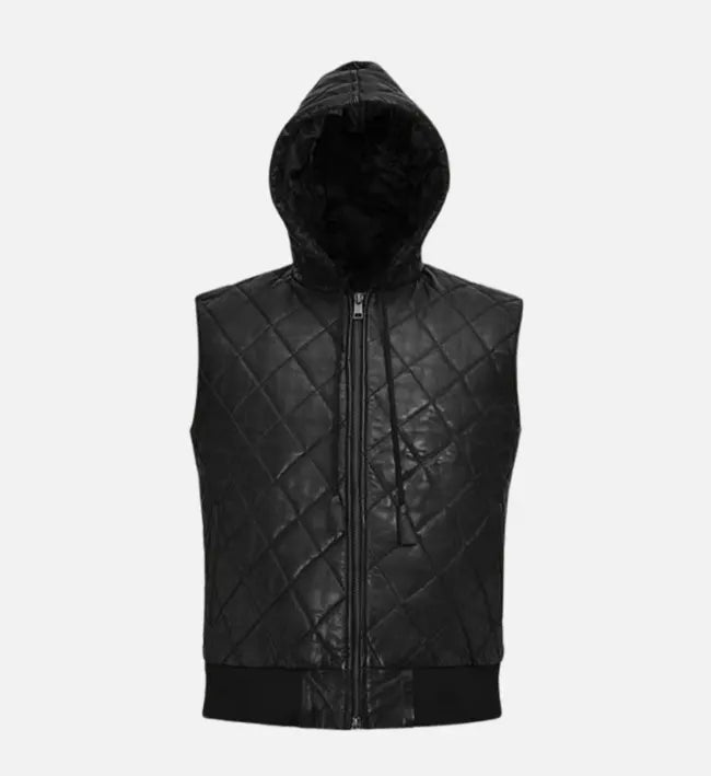 Men’s Black Sheepskin Quilted Leather Vest with Hood