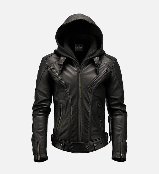 Men’s Sheepskin Leather Jacket – Black with Hooded Stand-Up Collar