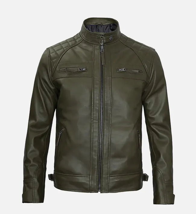 Men’s Sheepskin Olive Green Leather Café Racer Jacket