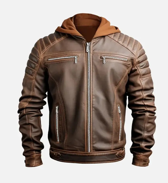 Men’s Sheepskin Leather Bomber Jacket – Voguish Brown with Detachable Hooded Collar