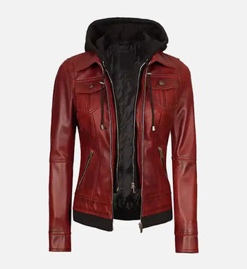 Women’s Sheepskin Leather Jacket – Red with Removable Hood and Contrast Waistline