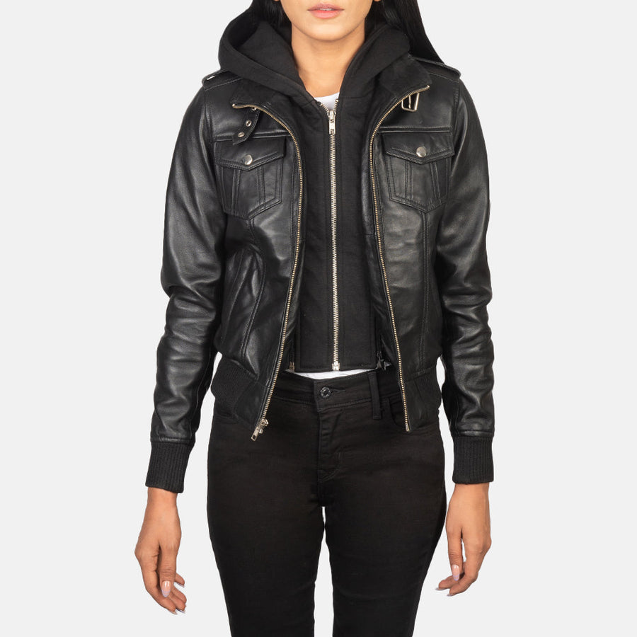 Genuine Sheepskin Leather Hooded Bomber Jacket For Women