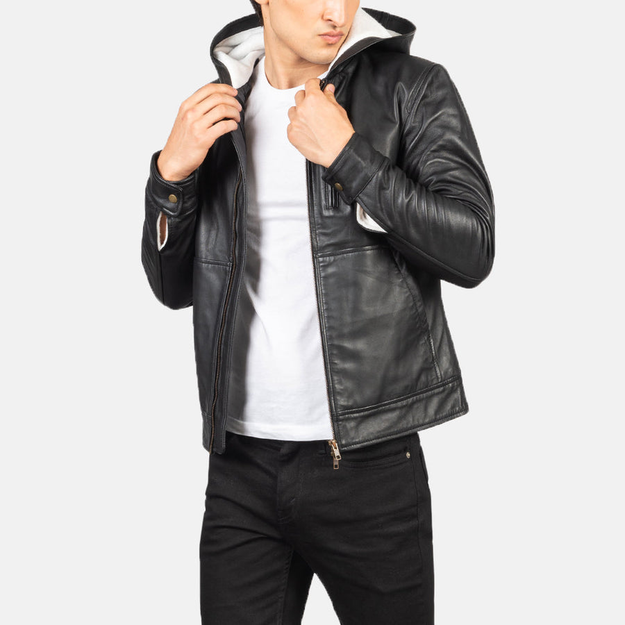 Men’s Hooded Sheepskin Leather Jacket with Fleece Lining